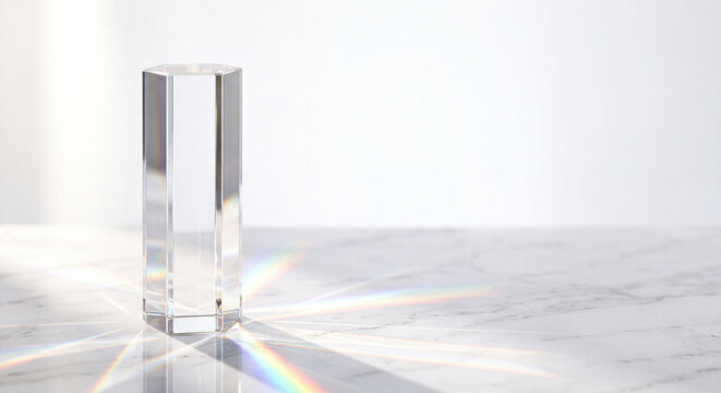 Luxury Crystal Glass Prism with Rainbow Light Refraction on White Marble Background
