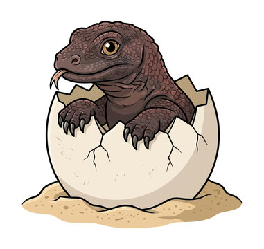 Cute baby Komodo dragon hatching from an egg with tongue out looking curious on sandy ground new life