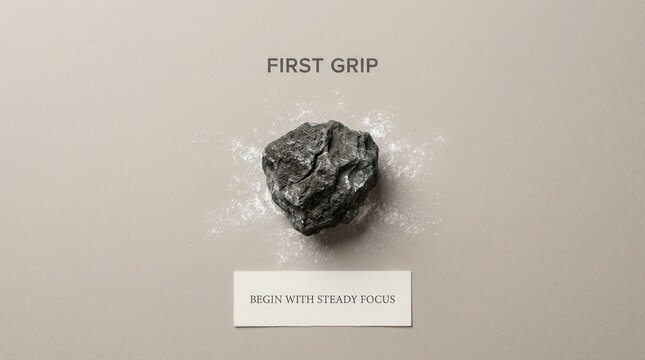 Textured dark rock with white sports chalk on a clean background featuring motivational text first grip and begin with steady focus, ideal for climbing athletes and mental wellness concept projects
