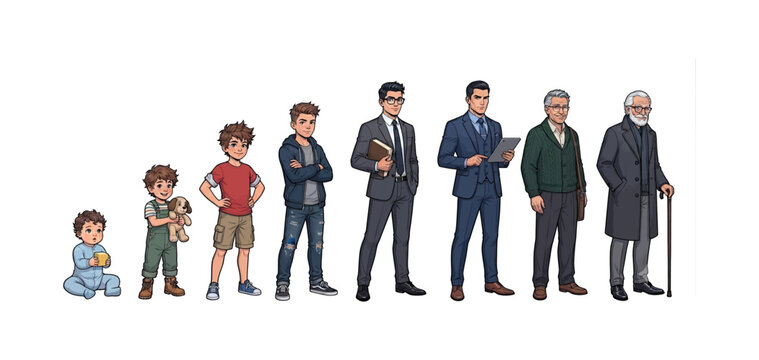 Caucasian man life stages from baby to toddler boy teen young adult and elderly showing human development aging process