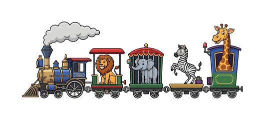 Obraz premium Vibrant Cartoon Train Carrying Happy Zoo Animals Lion Elephant Zebra and Giraffe in a Playful Parade