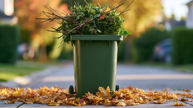 Green garden waste bin filled with freshly trimmed branches and hedge clippings on a suburban street. Concept of yard maintenance, green waste collection, composting and municipal recycling services