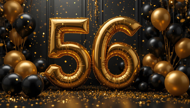 Golden and black balloons celebrate number fifty six with confetti background.