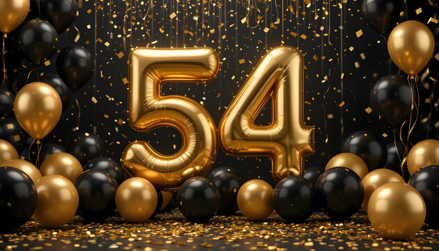 Golden balloons celebrate number fifty four with confetti background festive surprise.