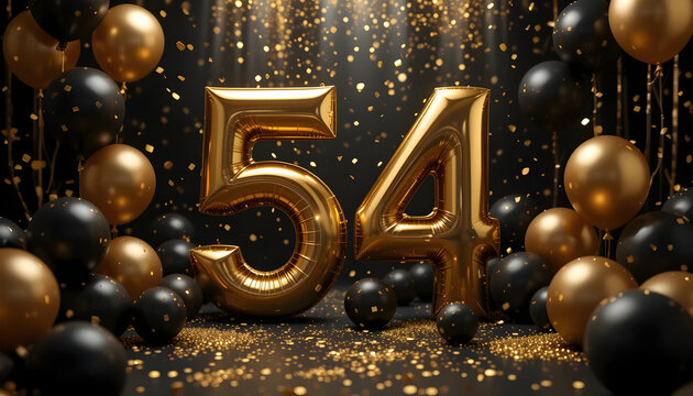 Golden fifty four number balloons on dark background with falling confetti for birthday celebration.