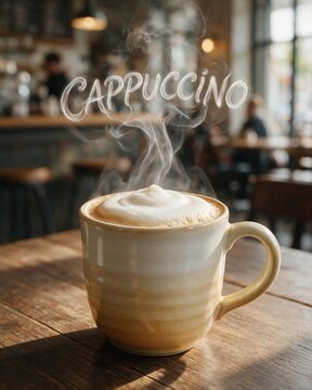 A hot mug of cappuccino coffee with rich milk foam on a wooden table in a cozy coffee shop with steam forming the word Cappuccino. Coffee break time.