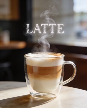 Clear glass cup of hot layered caffe latte with milk foam on a table in a bright cafe with steam forming the word Latte. Delicious coffee drink concept.