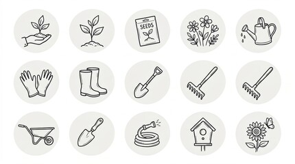 Fototapeta premium Set of hand drawn gardening icons featuring tools plants and equipment for landscaping and home garden maintenance