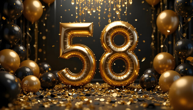 Shiny gold number 58 balloons with scattered confetti black and gold balloons festive atmosphere.