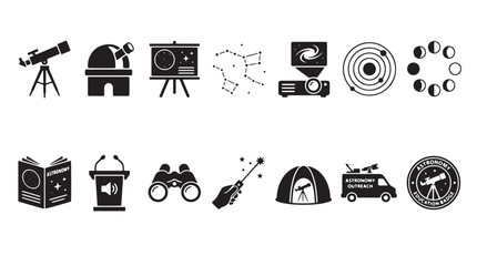 Astronomy and space science icons set, 15 black vector symbols for astrophysics and stargazing, telescope and observatory research graphics © Anika