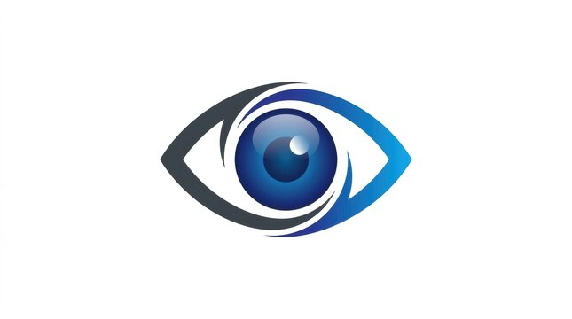 Abstract digital eye icon with blue iris and stylized black and blue lines on a white background