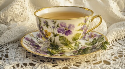 Fototapeta premium Hand-painted Porcelain Teacup and Saucer Set with Delicate Florals