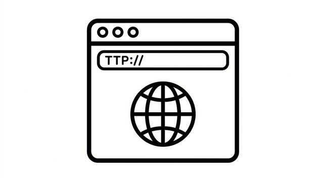 A simple black and white line art icon representing a web browser window with a globe symbol inside