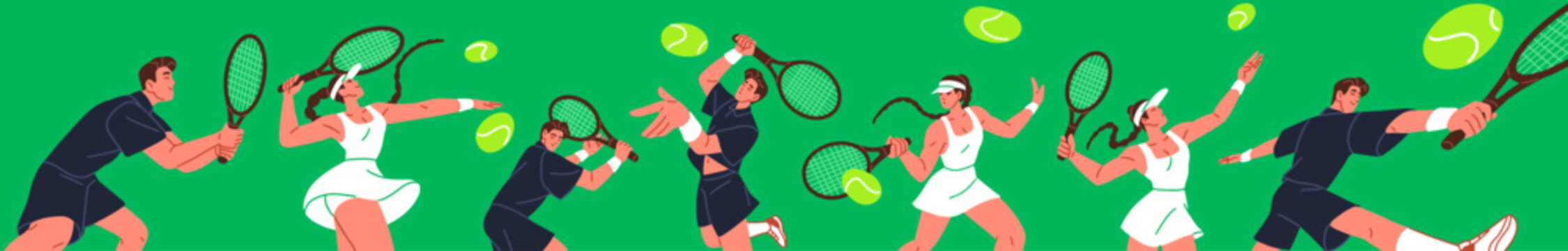 Big tennis banner. Design with players hits balls with racket. People in uniform play sports match, game on court. Men and women with racquets are training to strike. Flat vector illustration