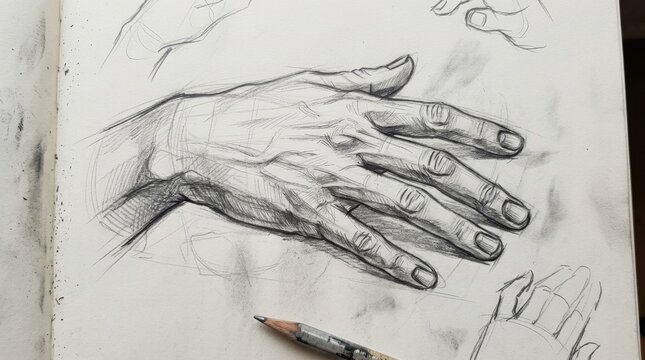 A detailed graphite pencil sketch of a human hand resting on a piece of white textured drawing paper