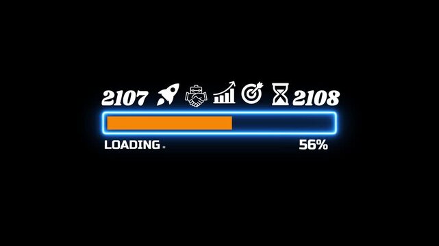 Futuristic Neon Loading Progress Bar with New Year 2107 to 2108 Countdown and Business Icons 4k video