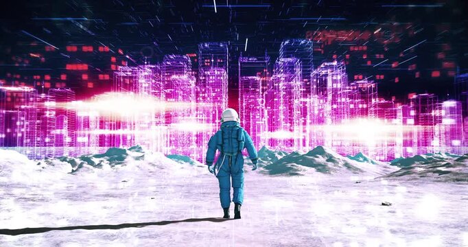 Astronaut walking on alien planet surface with holographic digital city background. Abstract Digital Space City Concept.