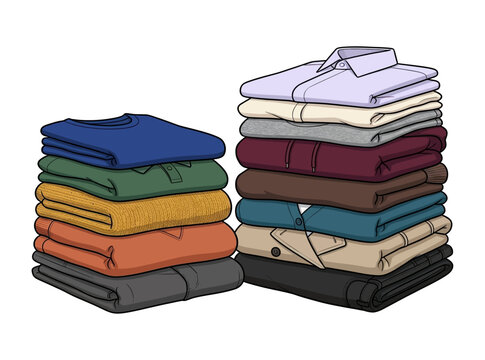Two stacks of neatly folded colorful clothes including shirts sweaters and trousers for wardrobe organization