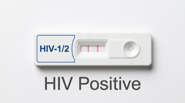 HIV positive rapid test cassette kit showing two red lines indicating a reactive result for human immunodeficiency virus type one and two, perfect for medical healthcare and clinical awareness usage..