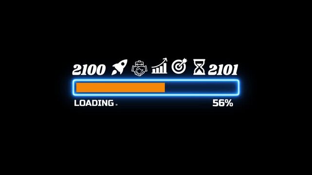 Futuristic Neon Loading Progress Bar with New Year 2100 to 2101 Countdown and Business Icons 4k video