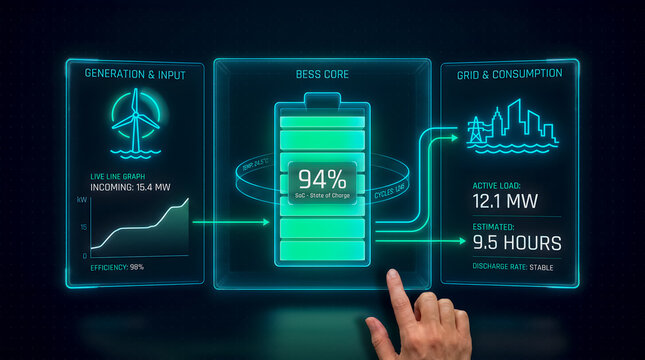 Infographic of offshore wind turbine generation feeding a BESS core battery at 94% state of charge and 9.5-hour runtime powering a modern coastal city