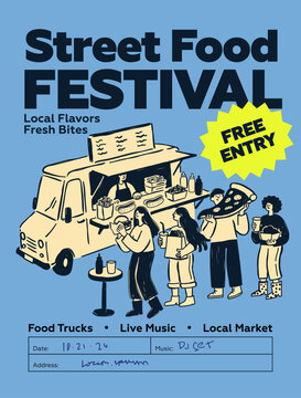 Modern street food festival flyer template featuring a food truck, pizza, burgers, takeaway food, and people enjoying an outdoor market. Perfect for food festivals, food truck events