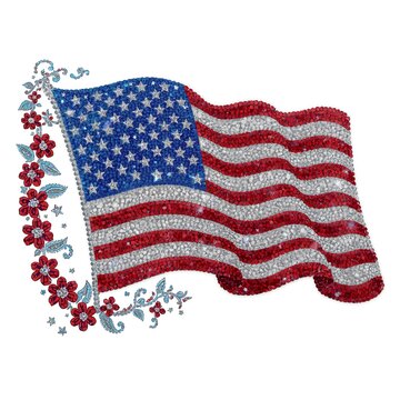 An elegant jewel-encrusted illustration of a flowing American flag crafted completely from glittering rhinestones, Swarovski-style crystals, and polished gemstones. Brilliant ruby-red, crystal white