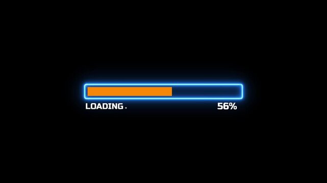  Neon Loading Progress Bar with Orange Fill and 100 Percent Complete Text on Black Background