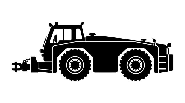 Detailed black vector silhouette of an airport tow tug or aircraft pushback tractor, designed for ground support handling, isolated on white.