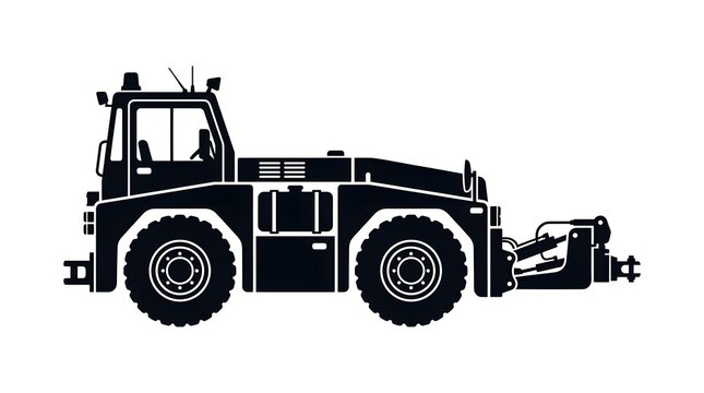 Black silhouette vector illustration of a heavy aircraft pushback tractor or airport tow tug, isolated on a white background.
