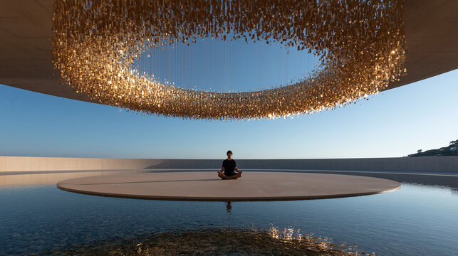 Person Meditating in Lotus Pose at Minimalist Luxury Wellness Sanctuary