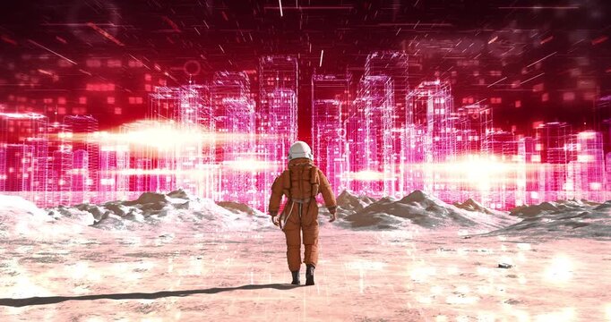 Futuristic astronaut walking on a planet landscape with neon holographic skyscraper city. Abstract Digital Space City Concept.