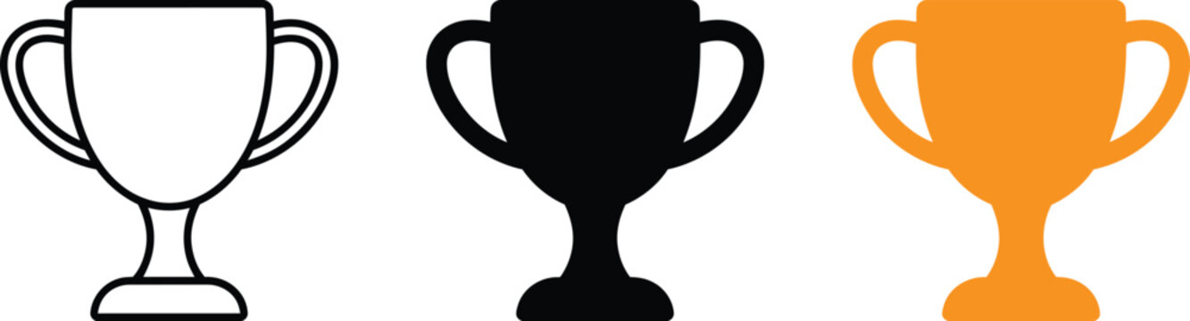 Set of three trophy cup icons featuring outline solid black and orange flat design styles for awards