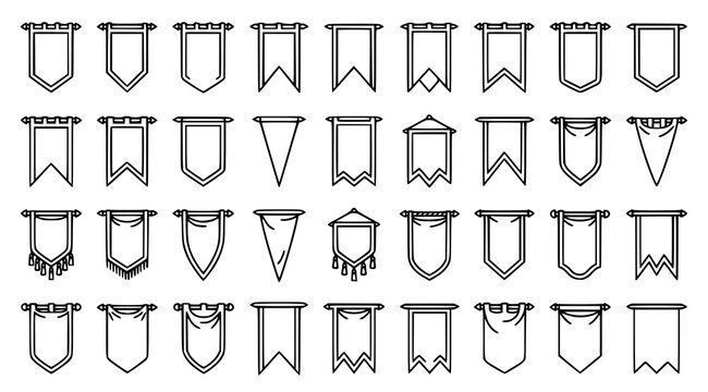Professional medieval royal banner vector set with hanging fabric pennants castle wall flags and blank heraldic standards isolated on white background