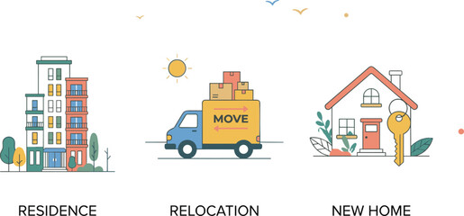 Fototapeta premium Residence Relocation and New Home Concept Illustrated with Houses, Truck and Keys Icons for Moving and Settling