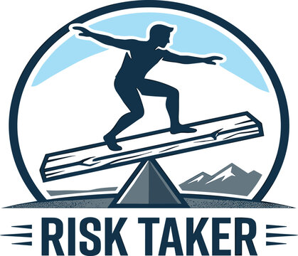 Risk Taker Skateboarder Icon with Mountains and Caution Theme, Vector Badge for Adventure and Courage Concepts