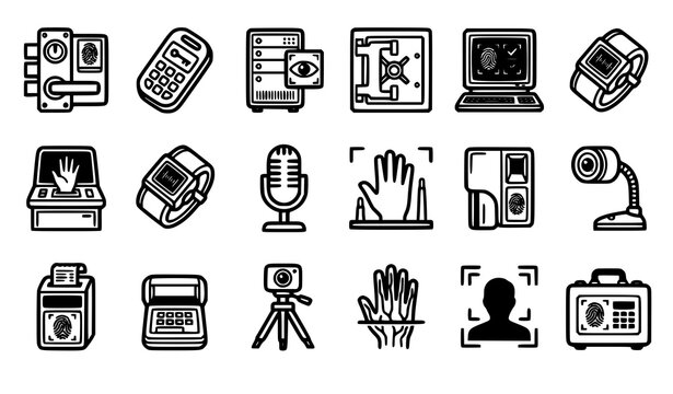 Retro biometric lock icons bundle featuring 16 bold black outline vector passkey security hardware symbols