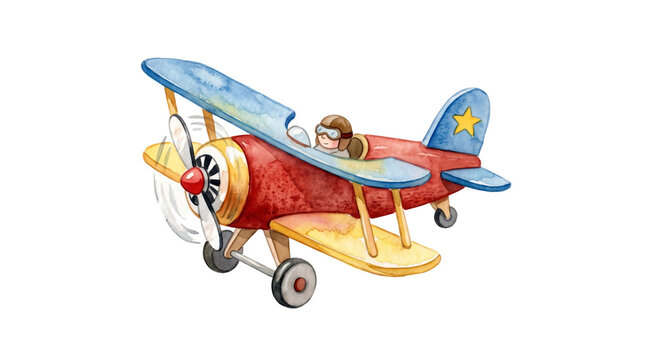 Watercolor illustration of a vintage airplane. Cute biplane with a pilot on white background.