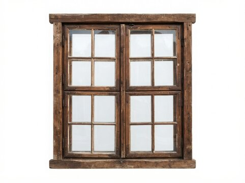 Old rustic wooden window frame with glass panes isolated on a simple surface