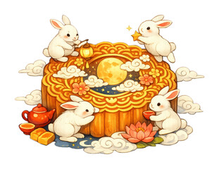 Fototapeta premium PNG Whimsical rabbits celebrate mooncake.