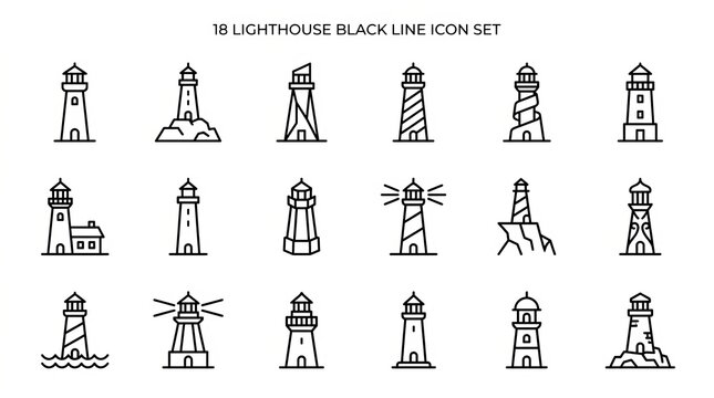 Set of sixteen black and white lighthouse icons in various designs.