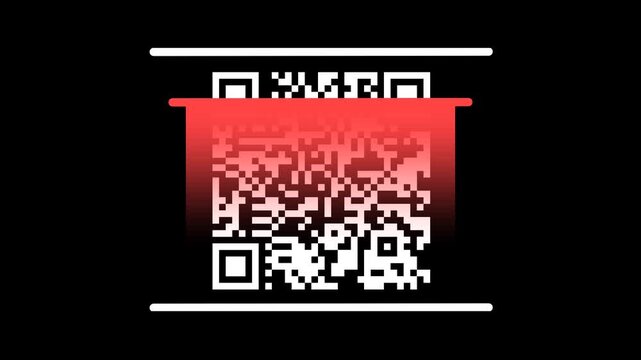 Digital QR Code Scanning Animation with Red Laser Line on Black Background.