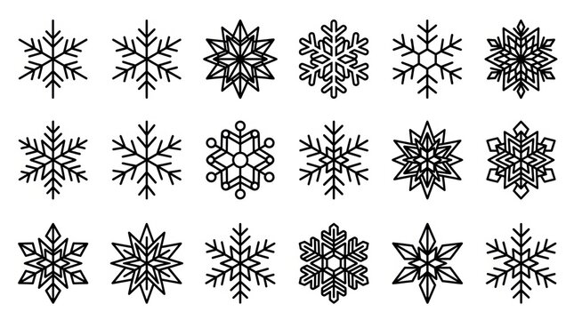 Collection of intricate black and white snowflake designs for winter decorations.