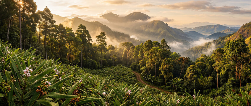 Dreamlike morning mist covering the rolling hills of Vagamon creating an enchanting tropical mountain landscape in Kerala India