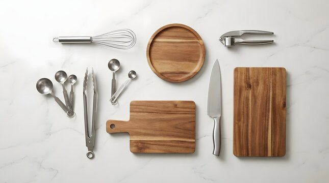 Kitchen utensils and wooden cutting boards flat lay