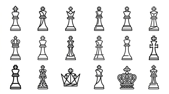 Set of sixteen flat design chess pieces icons in black and white color scheme.