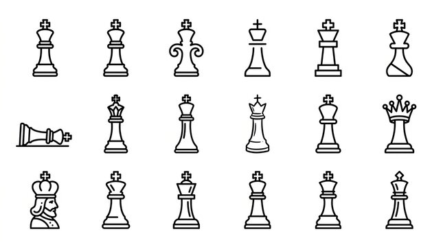 Set of sixteen flat design icons representing various chess pieces in teal color.