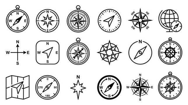 Collection of Black and White Vintage Compass and Navigation Symbols Set.