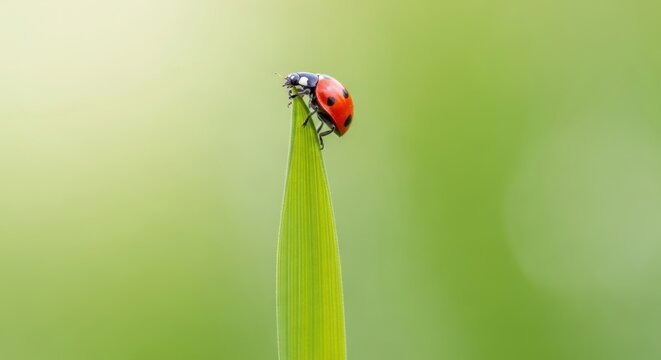 Close up of a single perfect ladybug on a green leaf
