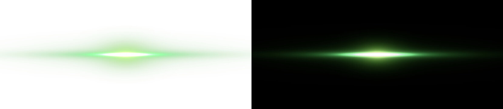 Lime green glowing lens flare with luminous horizontal light streak and neon flash effect on split background.